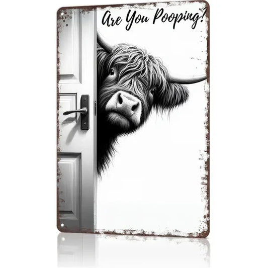⏳LAST DAY SALE 49% OFF🔥Vintage Highland Cow Aluminum Sign: Funny "Are You Pooping?" Black and White Bathroom Wall Decor
